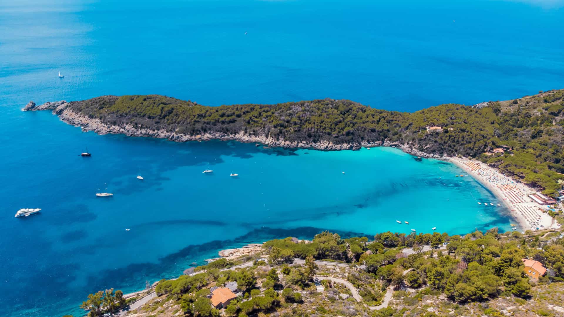 Aerial panoramic view of Fetovaia, a beach on Elba Island
