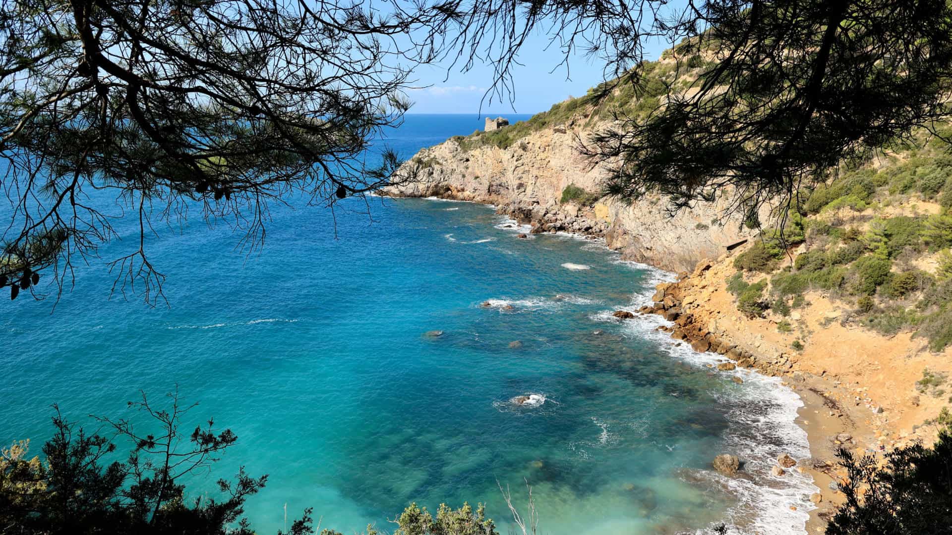 Panoramic glimpse of Cala del Gesso, a sandy beach in Tuscany